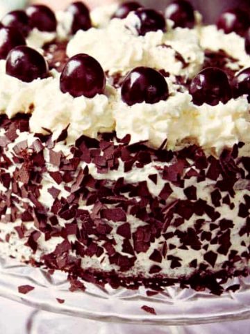 German Black Forest Cake on a cake stand.